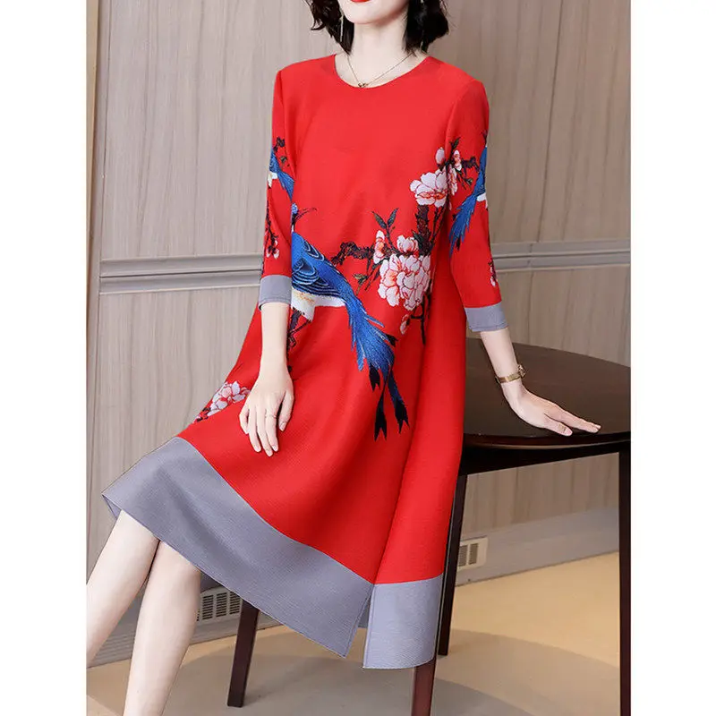 Noble temperament pleated dress 2023 spring new fashion ethnic wind printed qi aged big size long sleeve o neck dress skirt