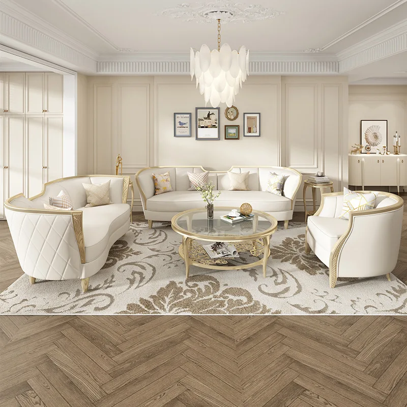 Leather sofa French solid wood modern simple living room sofa combination American style