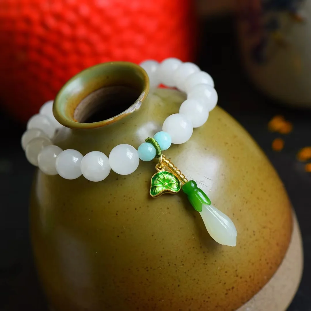 Hetian Jade Bracelet with Magnolia Flower Ornaments 9331#