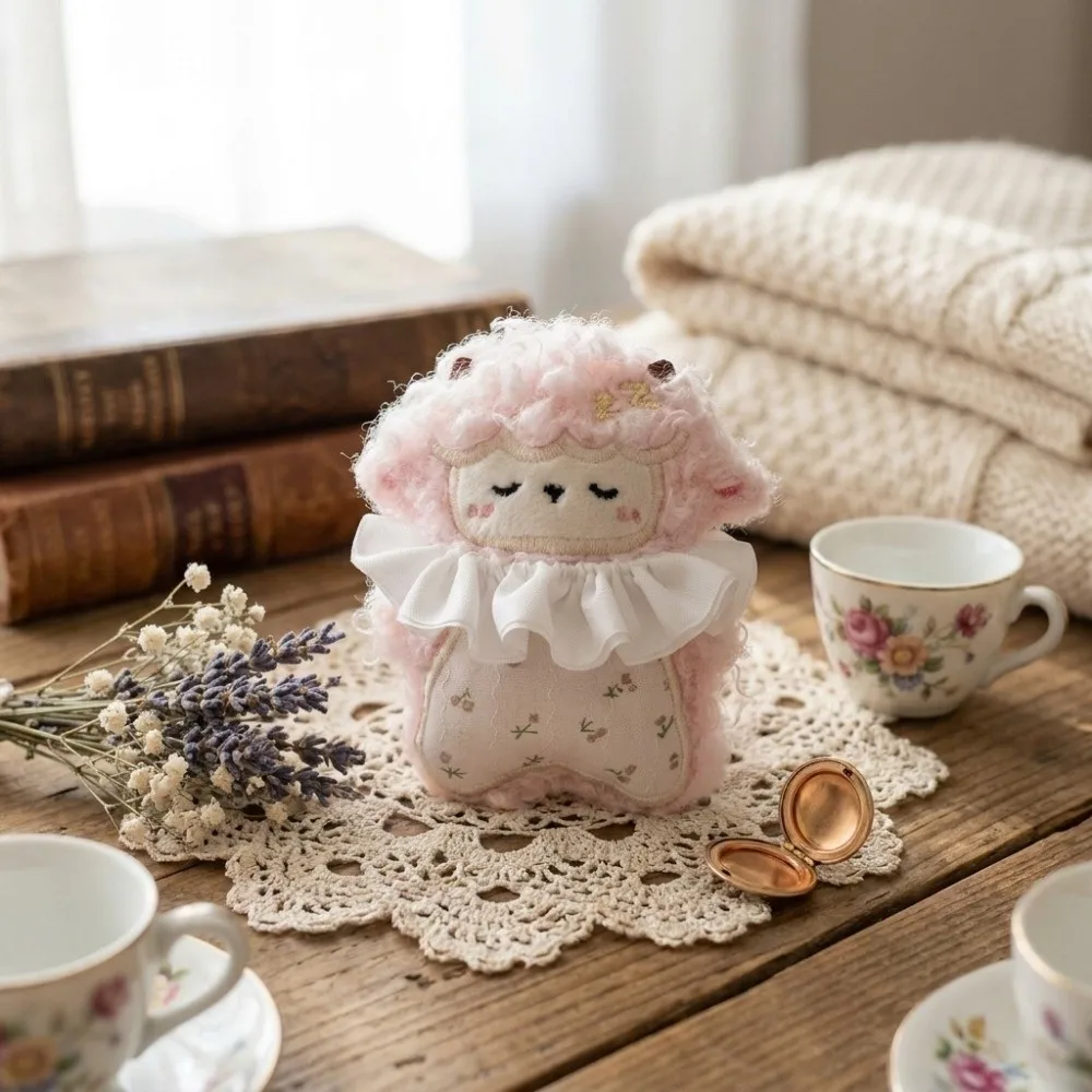Zodiac Goat Curly-Haired Sheep Keychain Soft Stuffed Floral Mascot Lamb Key Ring Bag Charm Ruffle Collar