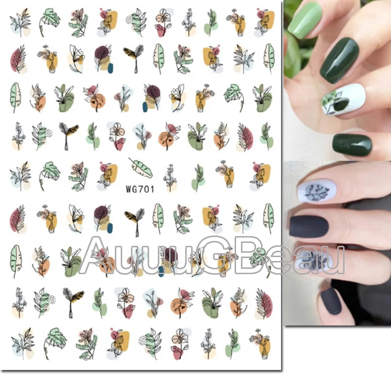 3d Nail Art Decals Morandi Color Painting Geometry Line Faces Palm Leaves Adhesive Sliders Nail Stickers For Nail Manicure