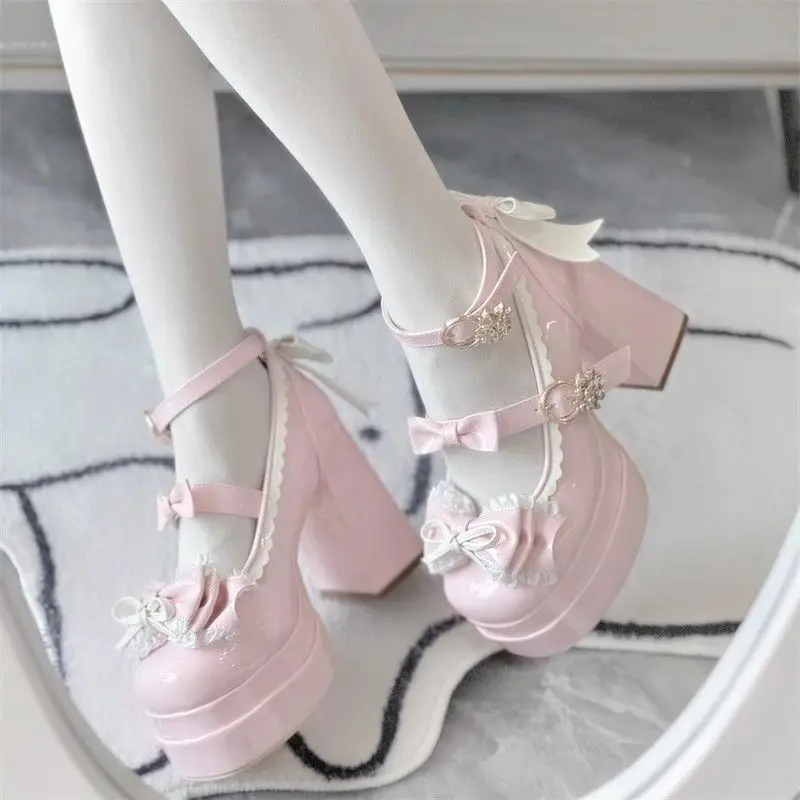 Lovely Girls Lolita Bowknots Platform Block Heels Shoes Platform ,Female Students Sweet High-heeled Delicate Elevator Mary Janes