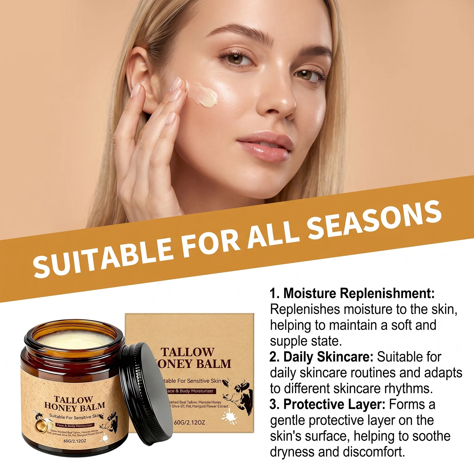 Natural Beef Tallow & Honey Balm Deep Moisturizing Body All-Season Care Nourishing Dry Cracked Skin Face Body Hydrating Balm