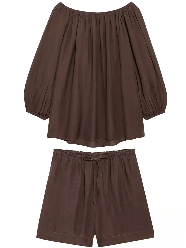 Kondala casual marrom solto ternos femininos slash neck manga longa topos de cintura alta perna larga shorts moda 2025 outono conjuntos de férias