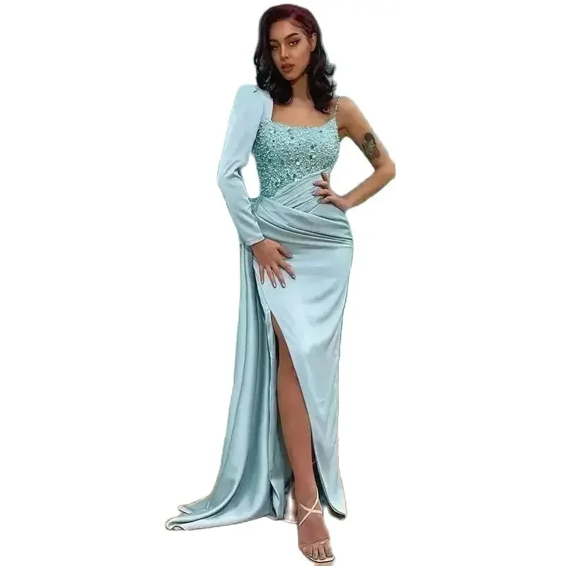 Luxury Sequined Beading One Long Sleeve Satin Square Collar Evening Dresses Sweep Train Pleat Side Split Prom Party Gowns