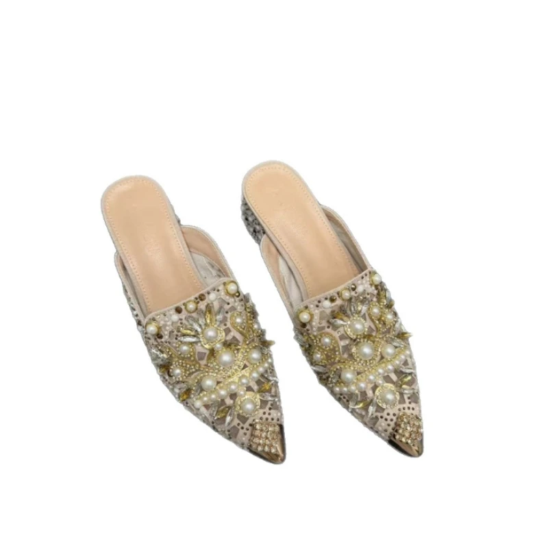 

High Quality Pointed Tip Slippers for Women Fashion Designer Rhinestone High Heel Temperament Elegant Pearl Half Slippers