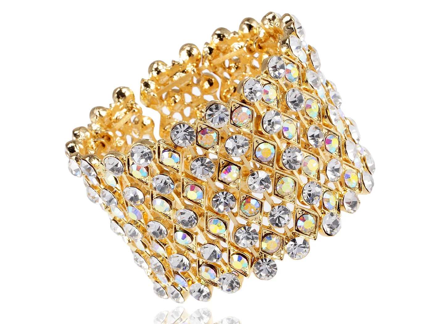 

Womens Golden Bridal Prom Vintage Crystal Rhinestone Stretch Wide Open Cuff Bangle Bracelet