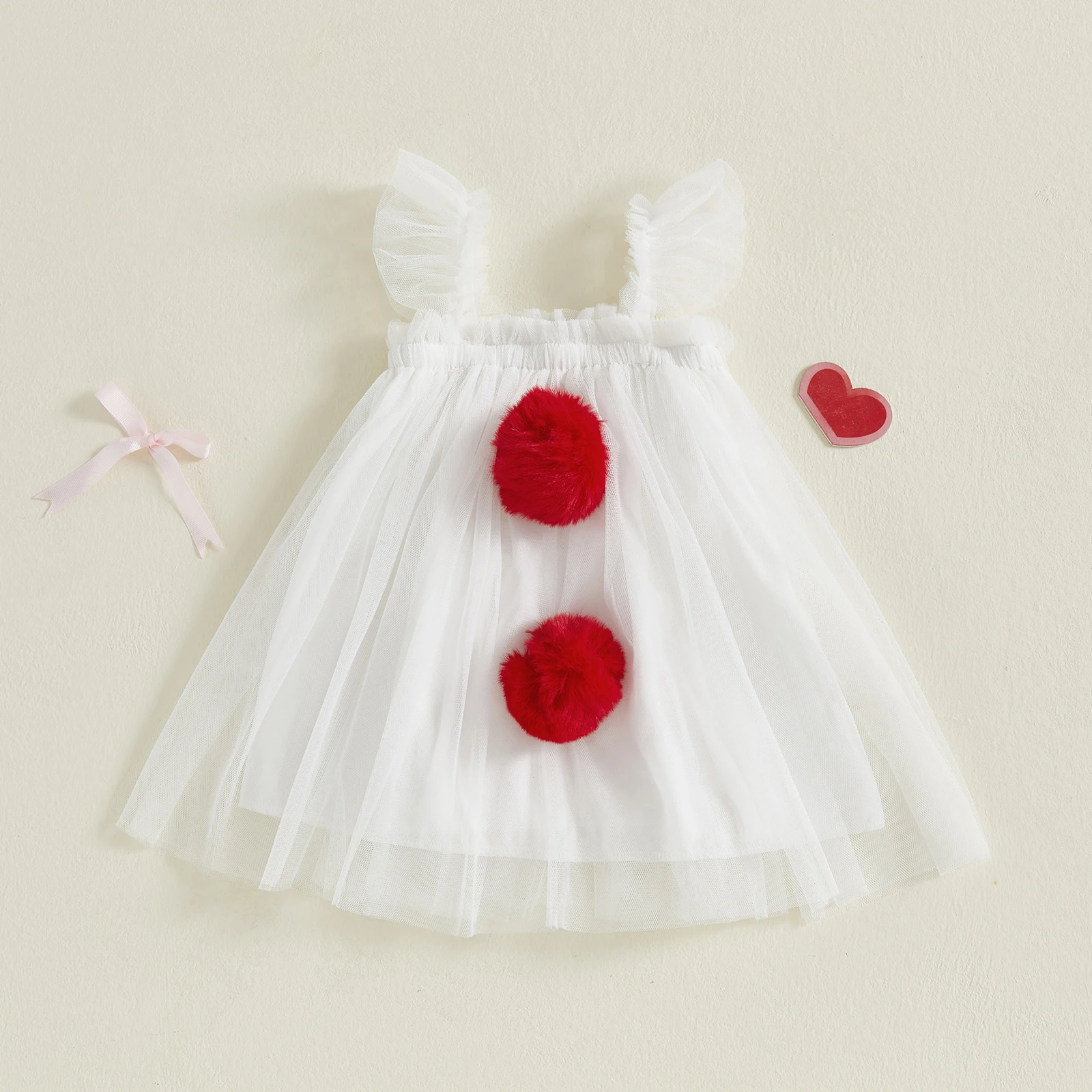 

Toddler Girls Summer Mesh Tulle Dress Cute Clothes Solid Color Casual Cute Plush Pom A-Line Dress for Beach Party