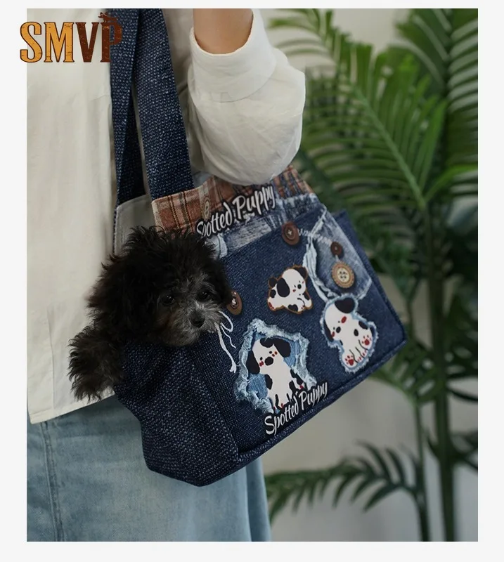 デニムチェック柄ペットキャリートートバッグ、斑点模様の子犬プリント、犬用ショルダーバッグ、ポータブル小型犬猫用トラベルハンドバッグ、ドッグバッグ