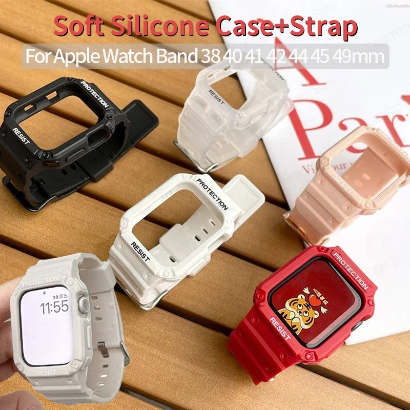 

Sport Silicone Case and Strap for Apple Watch 44mm Band 40mm 41 42 49 45 Soft Rubber Bracelet for Iwatch Series 7 8 9 Se 3 4 5 6