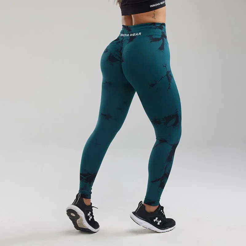 INNOVA WEAR Women Tie-Dye Yoga Pants Dark Green Marble Scrunch Butt Leggings