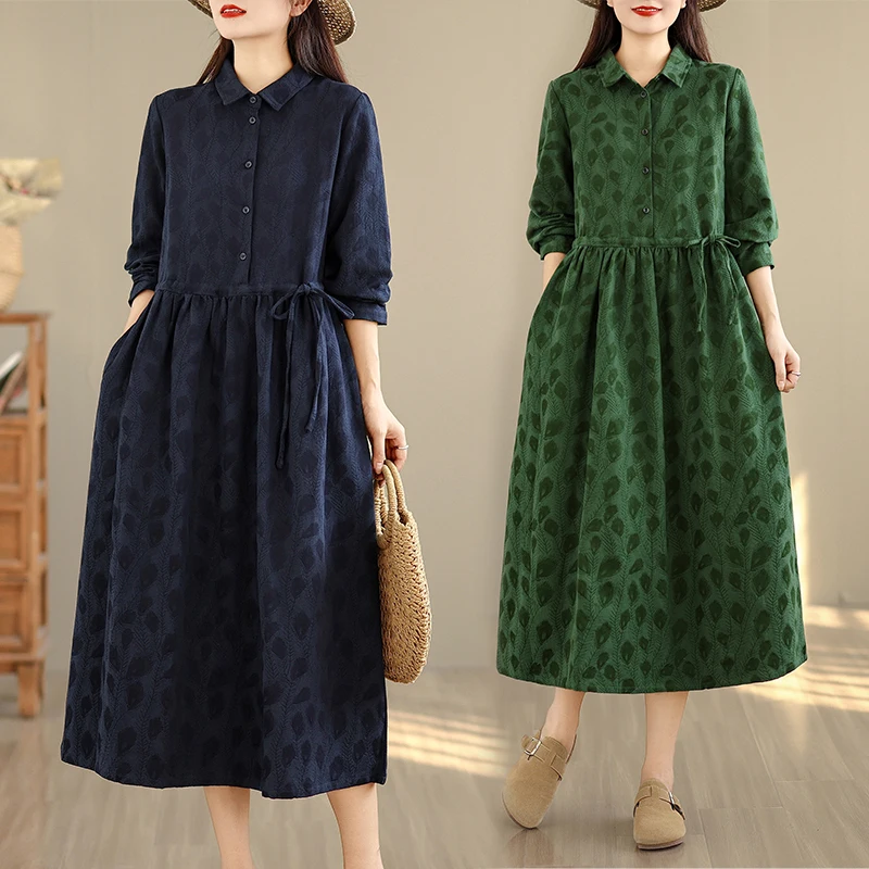 NYFS 2025 فساتين نسائية جديدة لخريف 2021 بأكمام طويلة فستان قميص من قماش الجاكار من القطن الخالص على شكل طاووس من ريش الطاووس