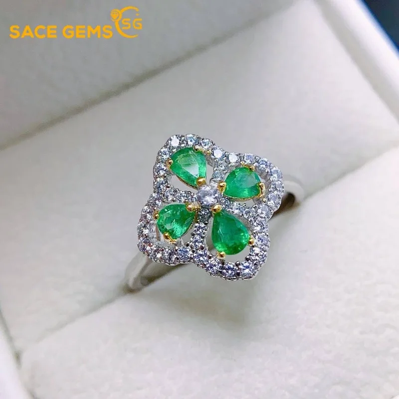 

SACE GEMS Fashion 925 Sterling Silver 3*4mm Natual Emerald Luxury Rings for Women Created Wedding Engagement Party Fine Jewelry