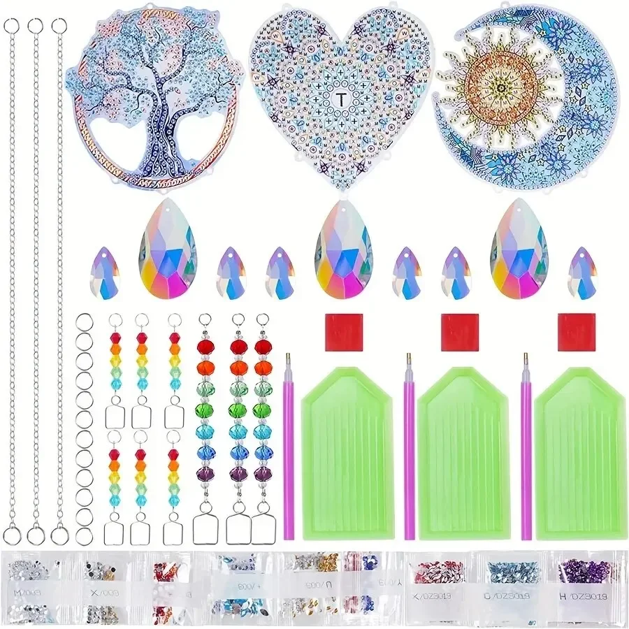 1PC DIY Double-Sided Super Flash Acrylic Diamond Painting Wind Chimes - Scenery Sun Moon Heart Tree Pattern Crystal Craft Decor