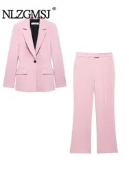 TRAF2024 Autumn Women Suit Set Single Button Blazer Straight Zipper Loose Pants New Fashion  Office Lady 2 Pieces Sets