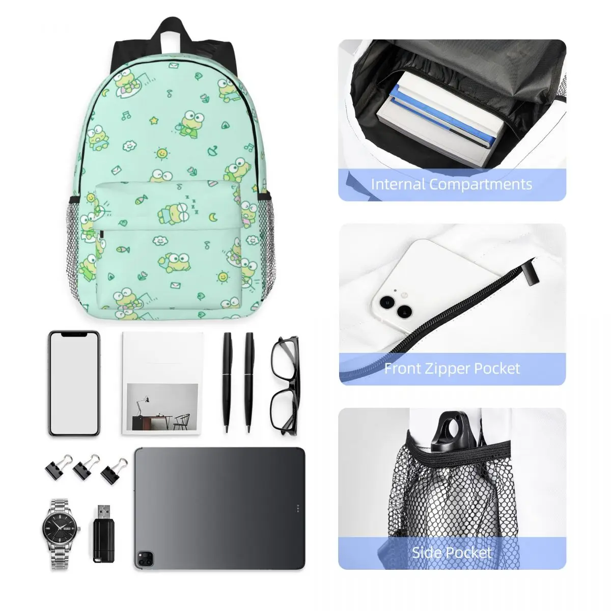 Keroppi New Fashion High Capacity Waterproof College Backpack Trendy Laptop Travel Book Bag 15inch