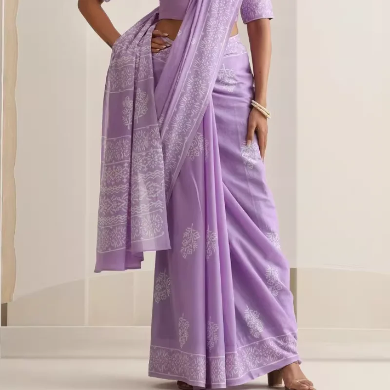 Indian Women's Thin Performance Printed Cotton Light Purple Sari - view 2
