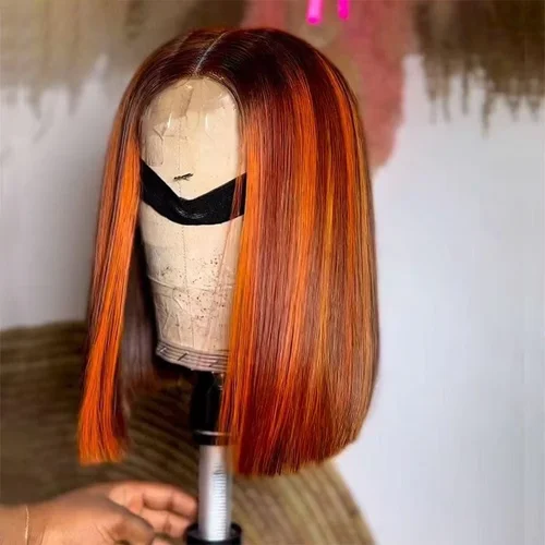 Resaltar Ombre naranja jengibre Bob peluca cabello humano 16 pulgadas 13x4 pelucas delanteras de encaje transparente peluca de pelo brasileño recto corto