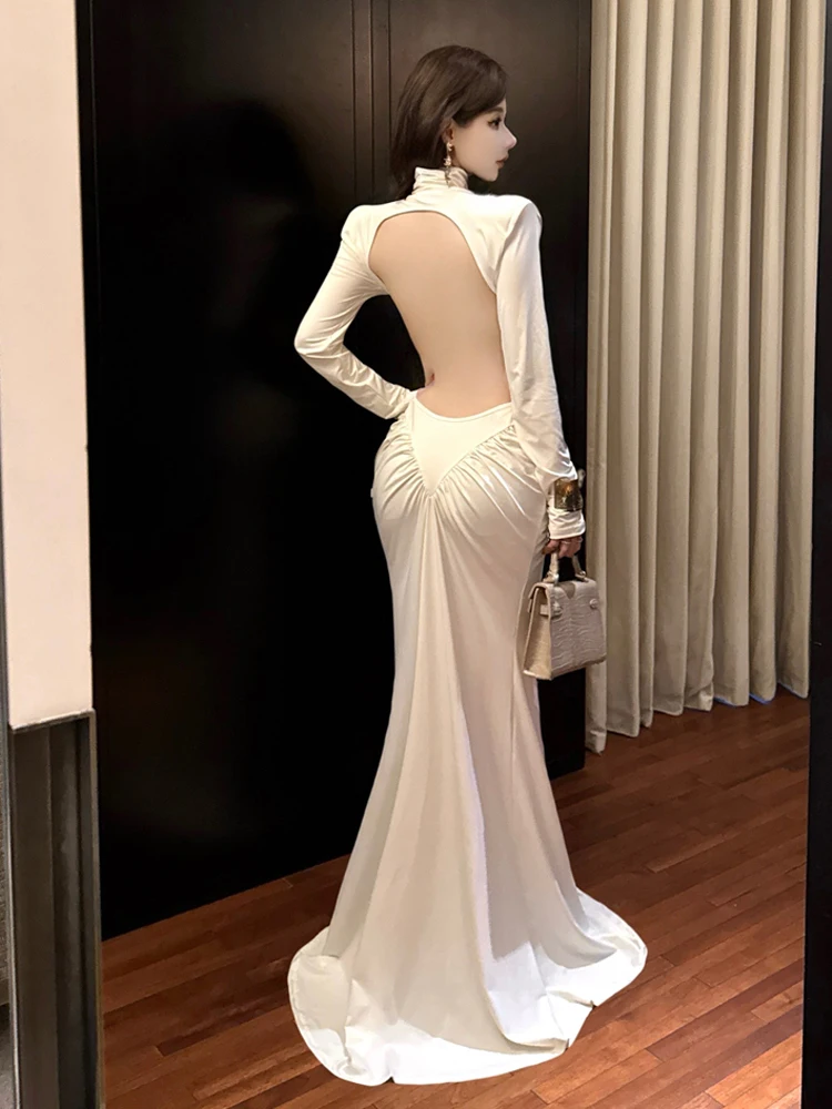 Vestido Vintage de sirena ceñido con pliegues y huecos para mujer, vestido largo hasta el suelo con Espalda descubierta, vestido elegante para fiesta y baile