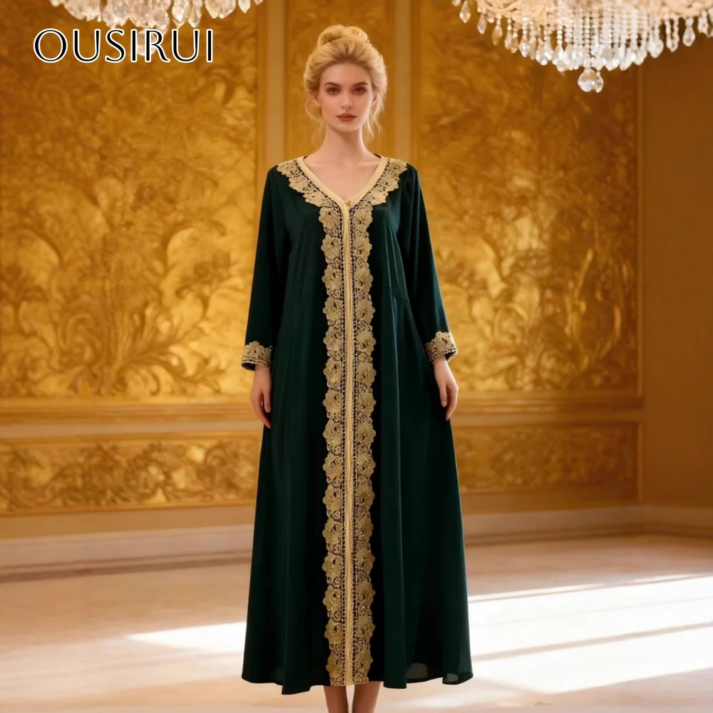 

V-neck Appliques A-line Evening Dresses Long Sleeves Pleated Ankle Length Customized Party Gowns فساتين السهرة