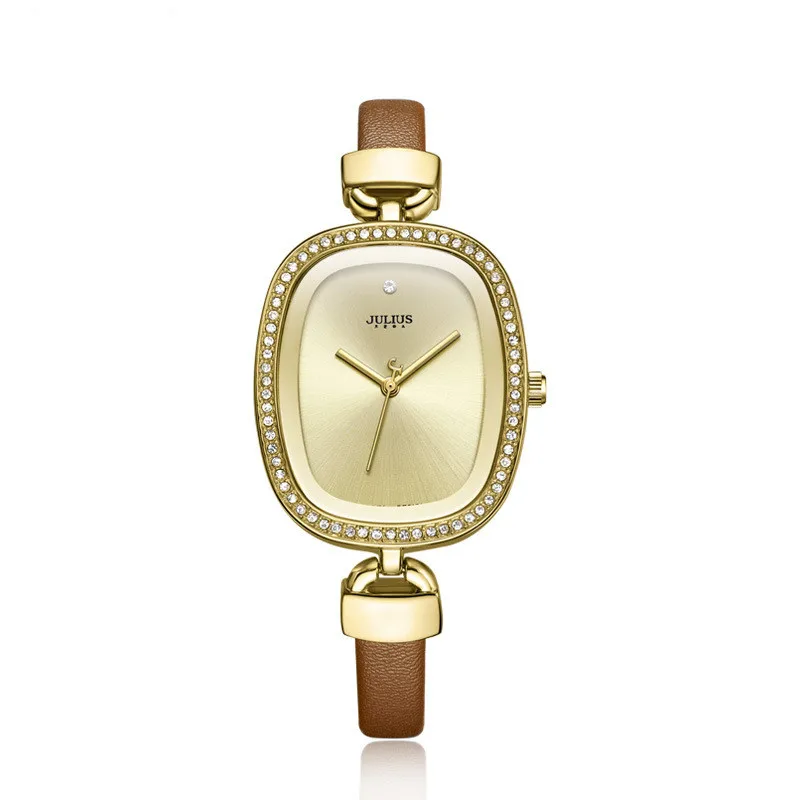 The Rectangle Minimalist Women Ultra Thin Big Dial Rhinestones Watches Leather Band Antique Quartz Watch Relogio Feminina