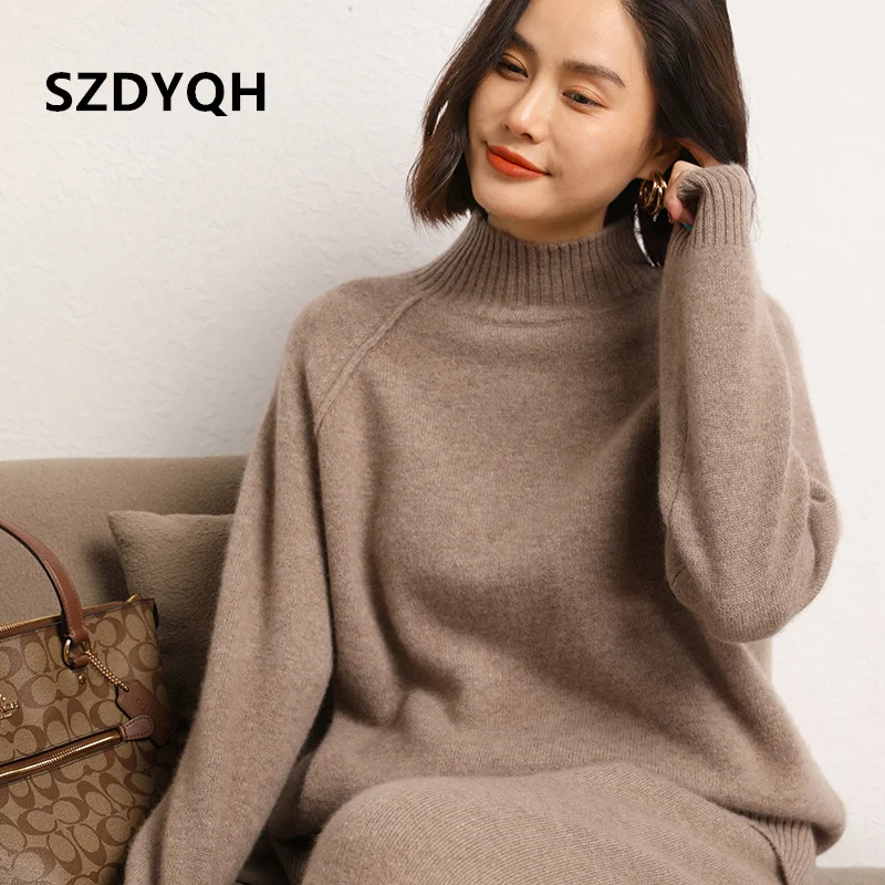 2023 Hot Sale Autumn Winter Women\'s 100% Cashmere Sweater Half High Collar Pullover Female Loose Large Size Thicken Knit Jumper