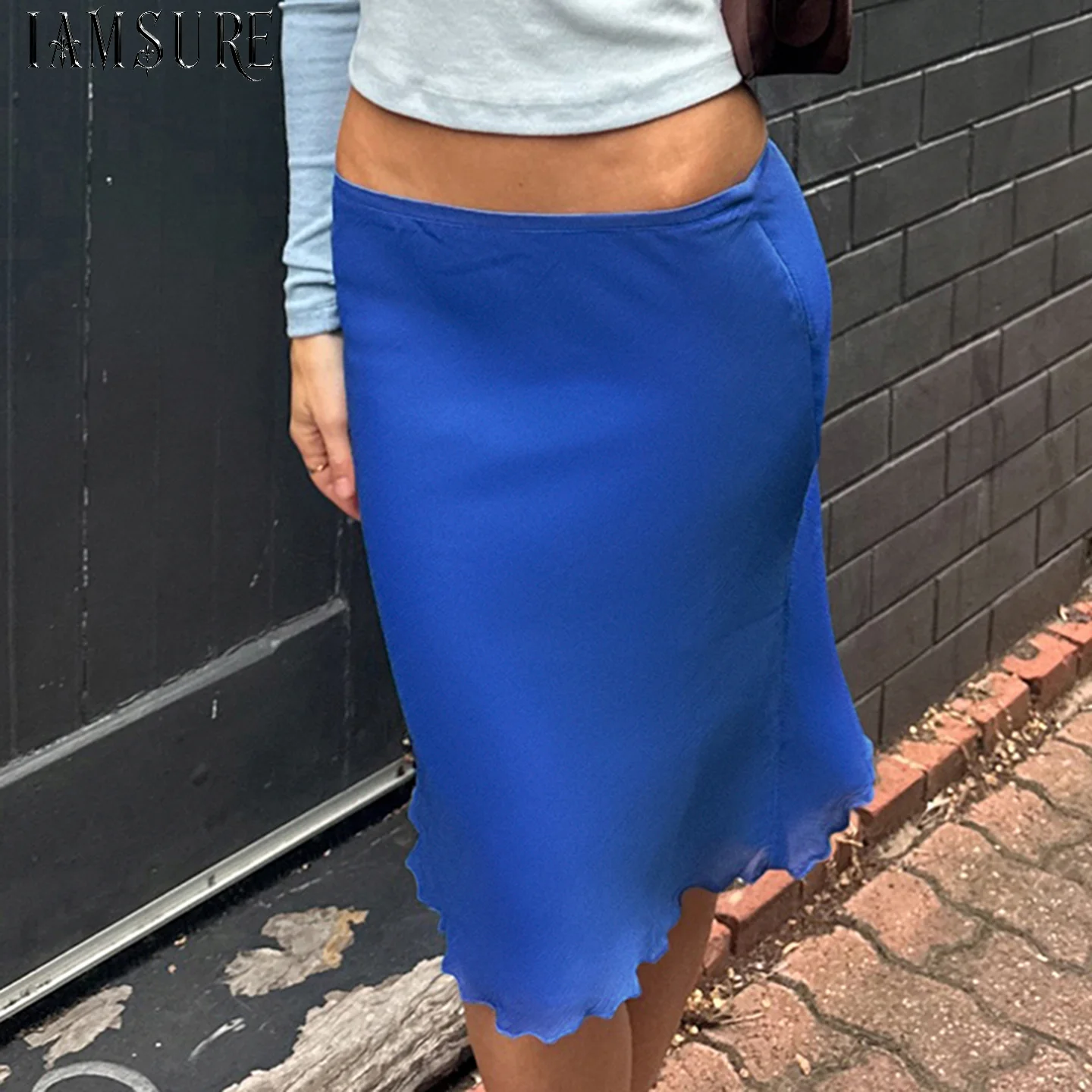 Women's Solid Color Low Waist Bodycon Midi Mesh Skirt Stretch Slim Fit Pencil Skirts Streetwear Fashionable Trendy Bottoms 2026