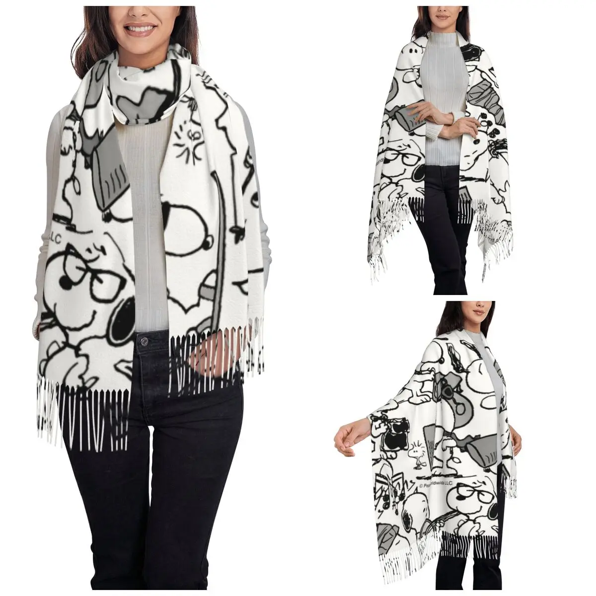 Peanuts Snoopy Collection Shawl Wraps Women Winter Warm Long Soft Scarf Cartoon Cute Pashmina Tassel Scarves