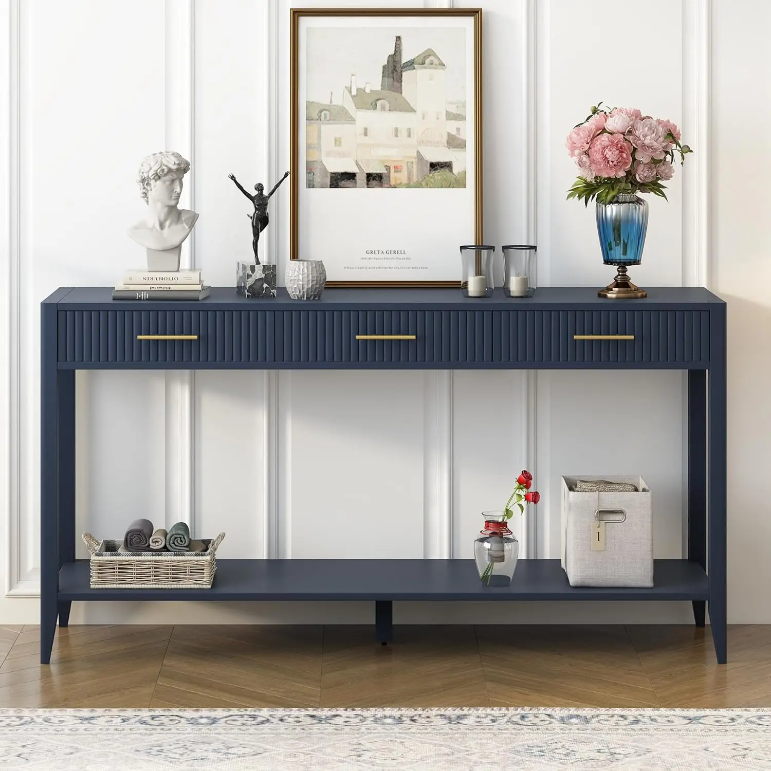 Modern Long Entryway Console Table with 3 Storage Drawers and Lower Shelf