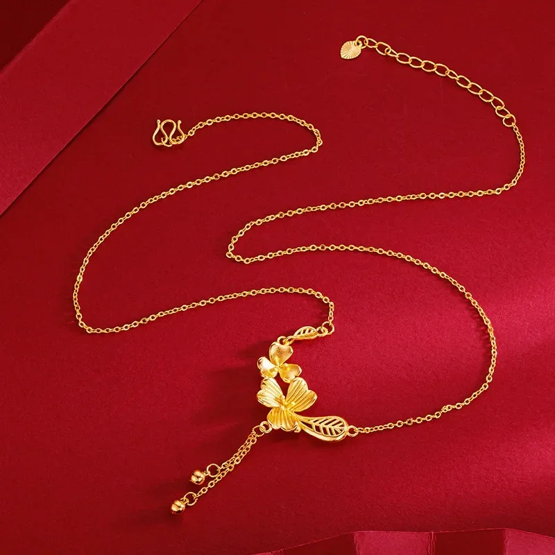 9999 Real Gold 24K New Chinese Wedding Bride Flower Blooming Edge Fixed Gold Raw Set Chain Gold Flower Leaf Necklace