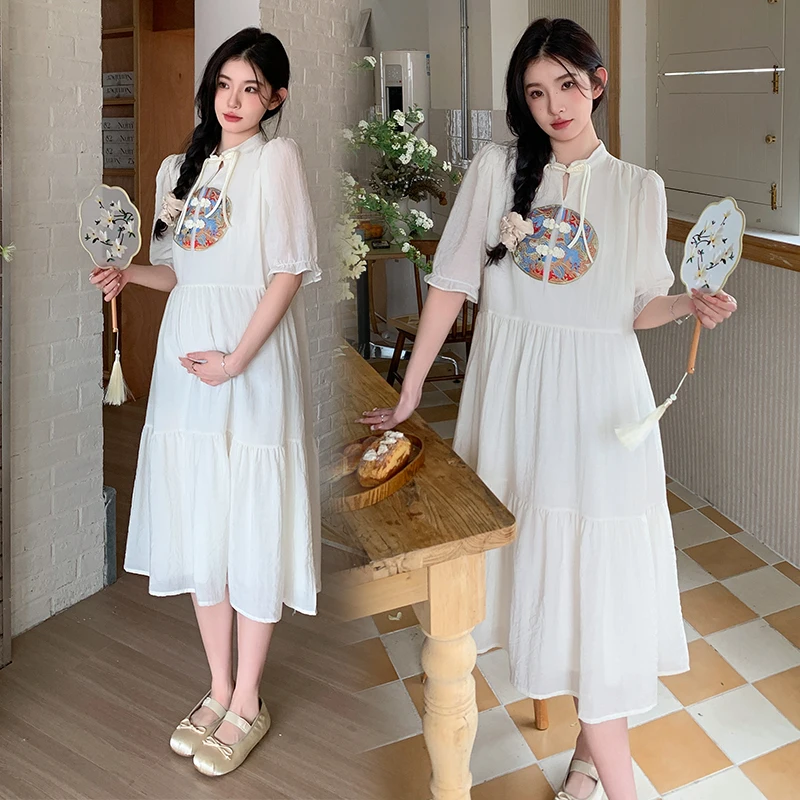 

Chinese Style Embroidery Patch Dresses for Maternity 2024 Summer Fashion Sweet A Line Princess for Pregnant Women Pregnancy