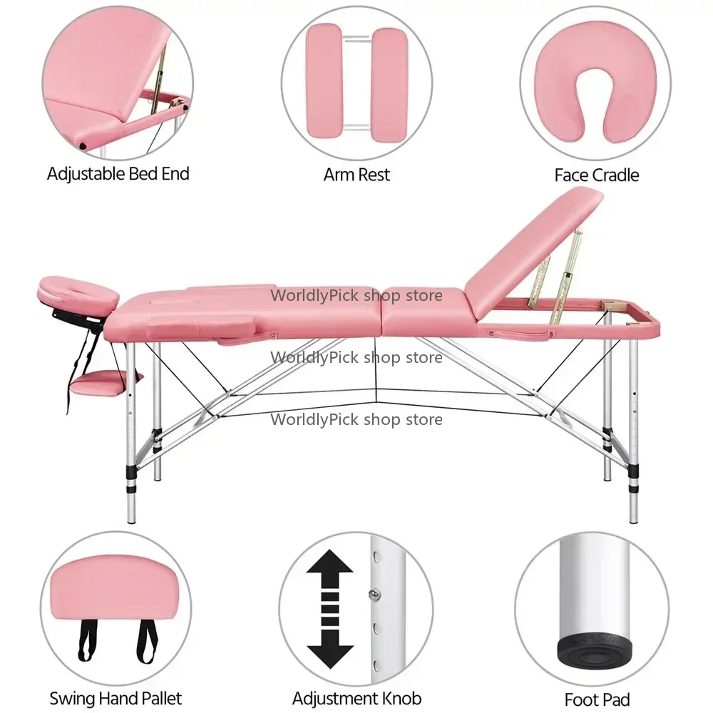 

3-Fold Portable Aluminum Massage Table for Spa Treatments & Tattoos, 84", Pink
