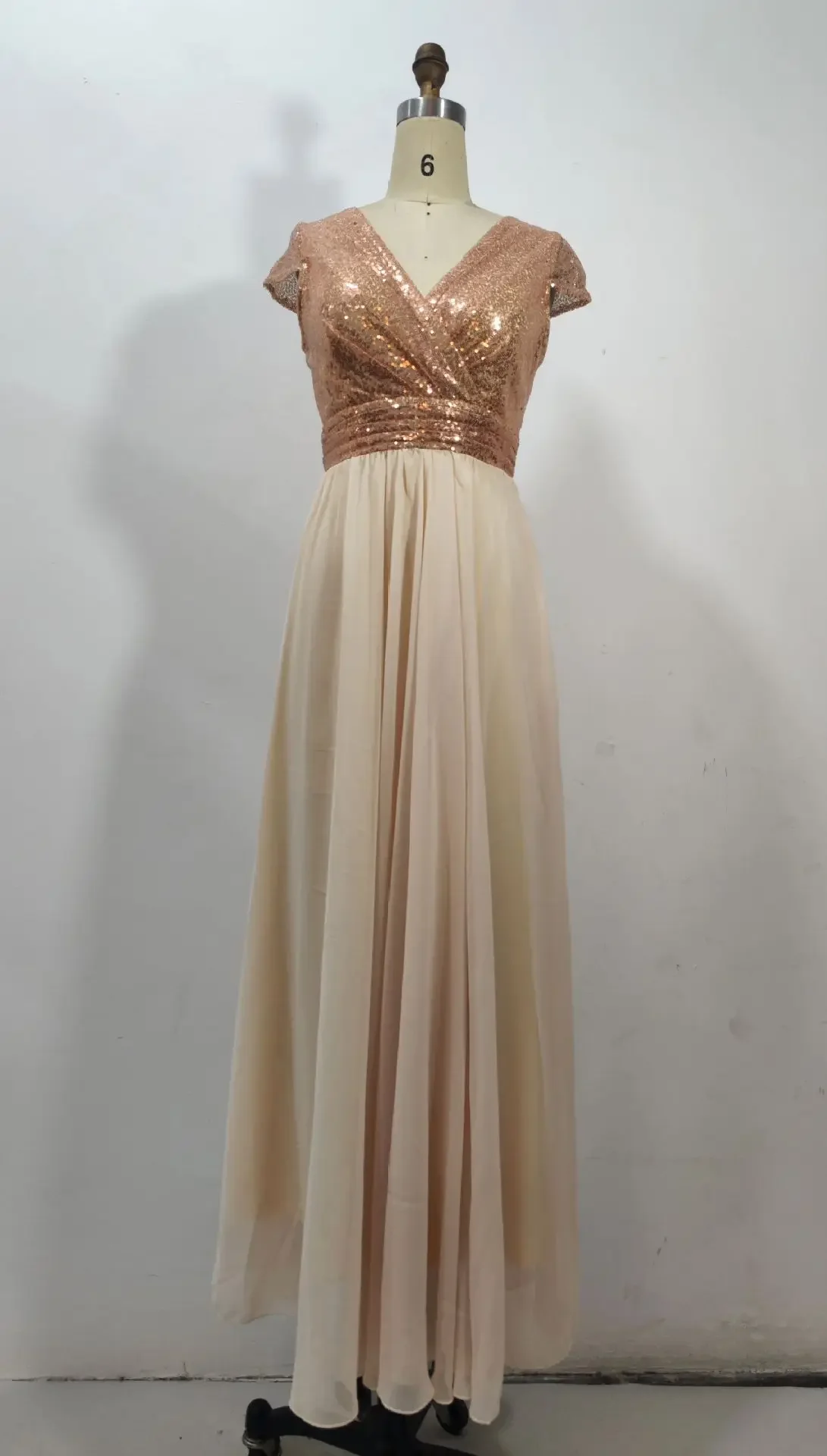 Summer New V-neck Sequined Chiffon Stitching Evening Dress Long Dress Concert Wedding Bridesmaid Dress Sweet A-line Skirt Gown