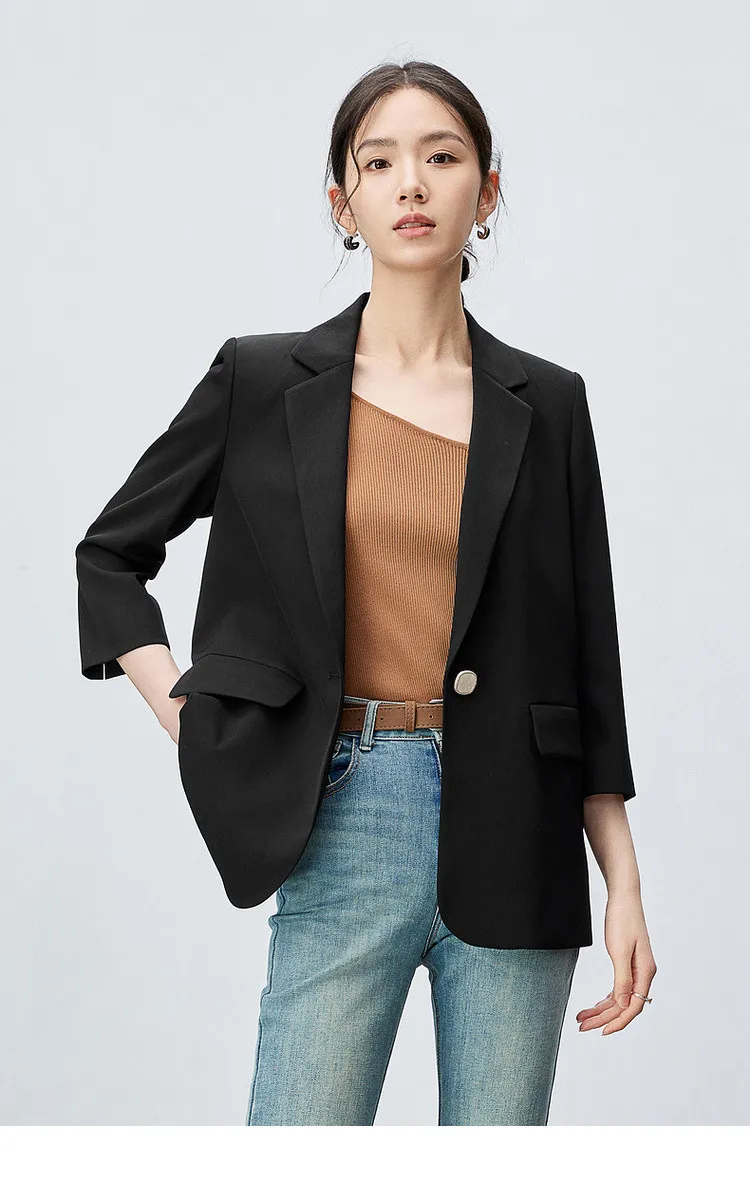 

SENTUBILA Texture Straight Blazers for Women 2024 Autumn Notched Collar Single Button Three Quarter Office Lady Coat 143X55806X