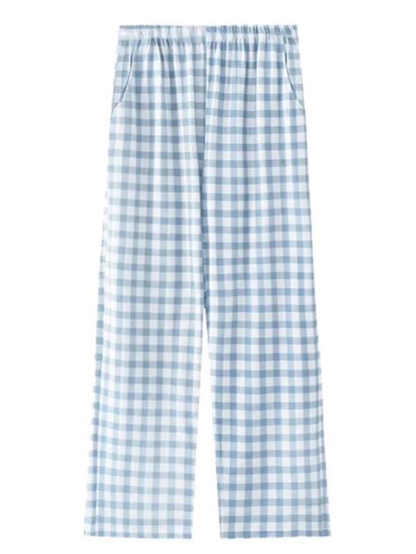 Pantaloni larghi a gamba larga da donna scozzesi bianchi blu casual estivi di piccole dimensioni a vita alta pantaloni casual a nove punti per donna