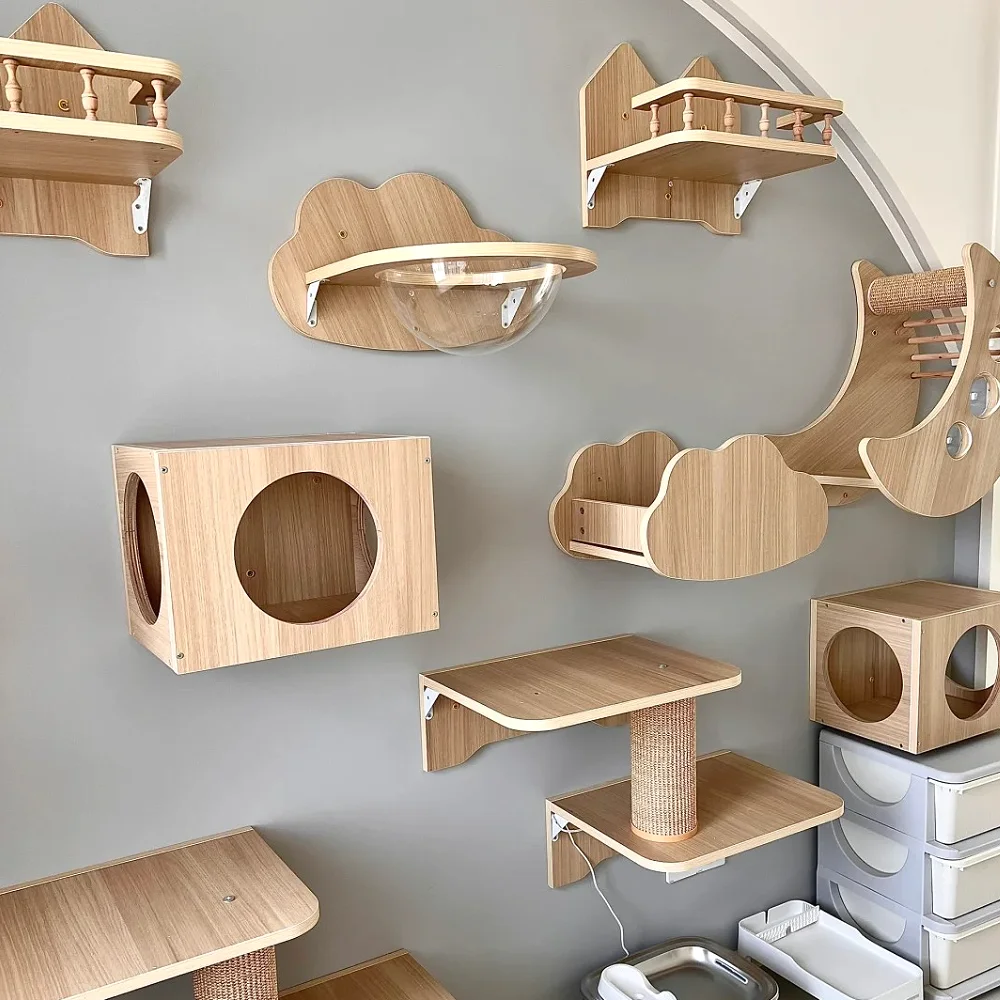 

Wall Mounted Cat Climbing Shelf Scratching Ladder with Pedal Cats Bridge Hiding House Wooden Cats Climbing Frame Furniture