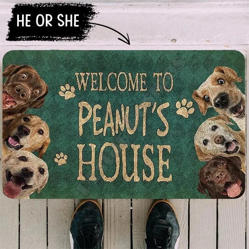 VIKAMA Welcome Dog House Paw Print Green Golden Pet Animal Art Flannel Door Mat Non Slip Entryway Bedroom Living Room Home Decor