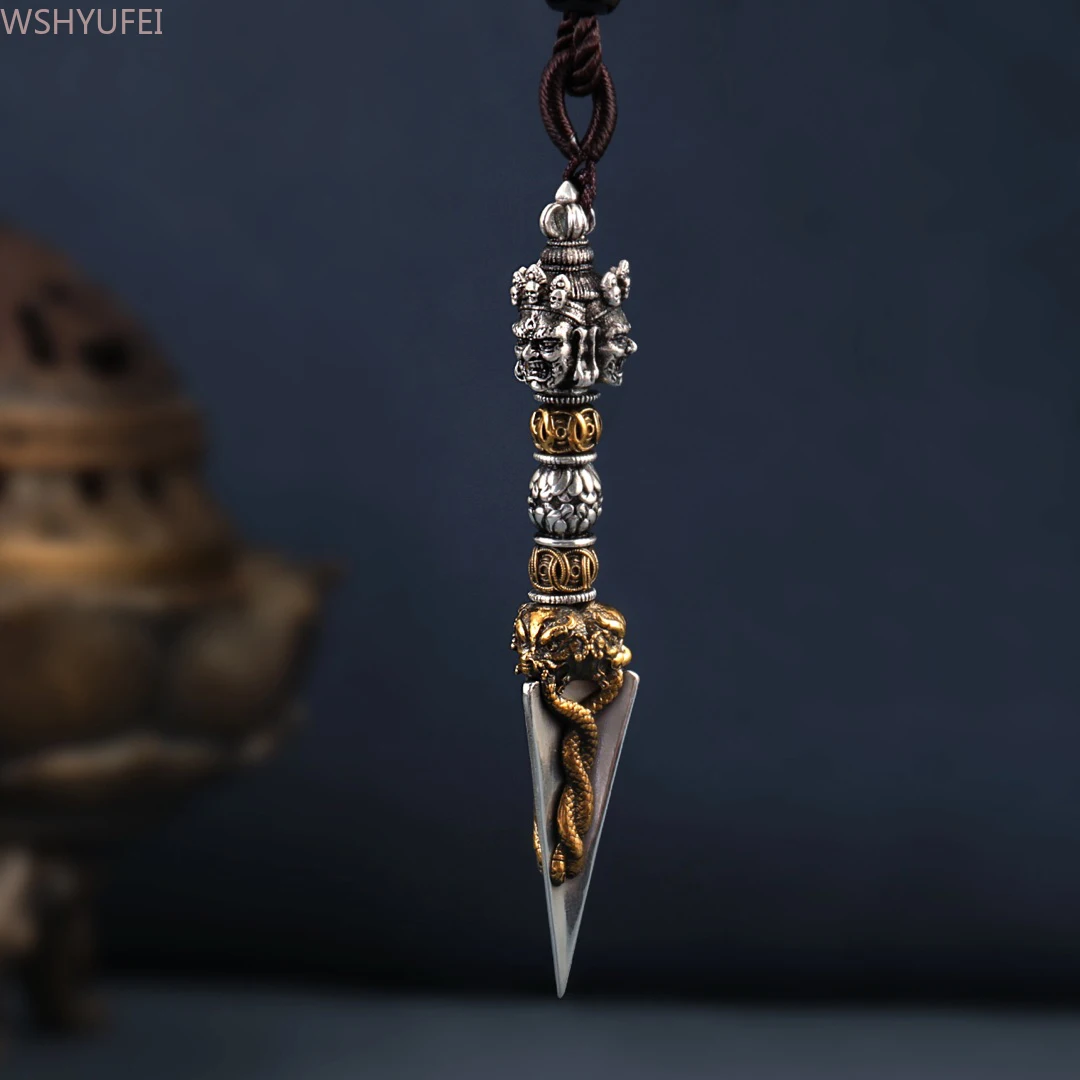 Nepal Copper+Silver Puma Vajra Stake Pendant Vajra Stick Pendant Rotatable FENG SHUI Home Decor Buddha Statue