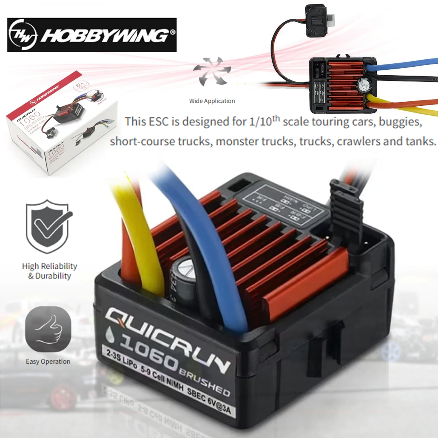 

HobbyWing QuicRun 1060 60A Brushed ESC 2-3S Waterproof Electronic Speed Controller For 1:10 Axial SCX10 TRX4 TRX6 D90 HPI RC Car