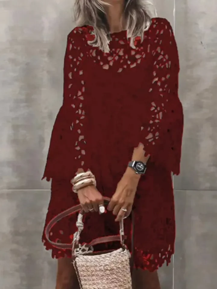 أزياء من الدانتل هوك زهرة فستان مجوف سيدة أنيقة طويلة الأكمام س الرقبة فساتين للنساء عارضة عطلة حزب تنورة الصيف جديد