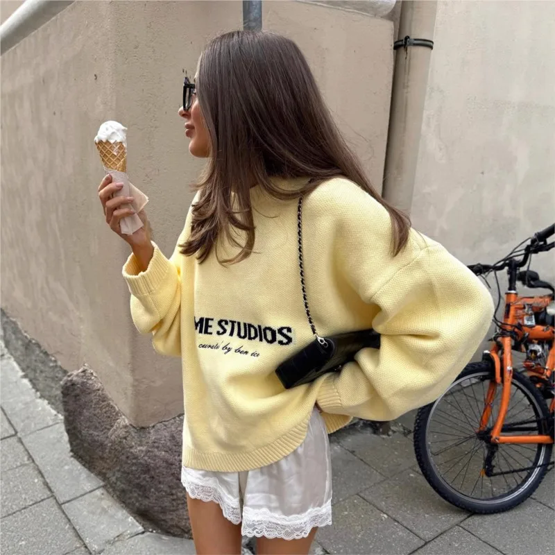 

Fashion yellow letters Jacquard Knitted Sweater For Women Casual O-Neck Pullover Tops Winter Daily Street Loose Sweaters New