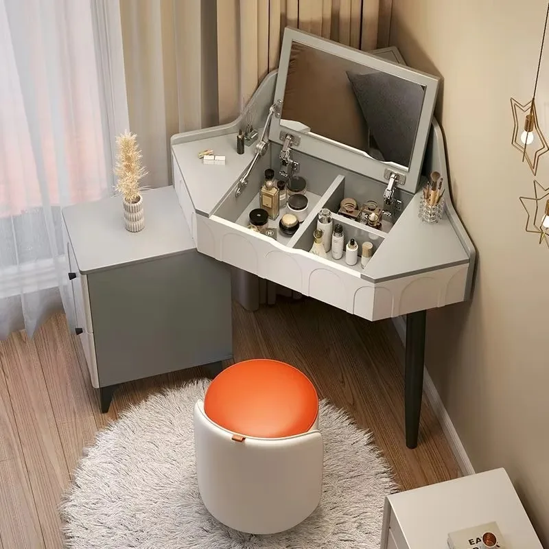 

Modern Corner Dressing Table with Smart 3-Color LED Lighting Makeup Vanity Mirror Wood Panel Storage Features for Bedroom Hotel