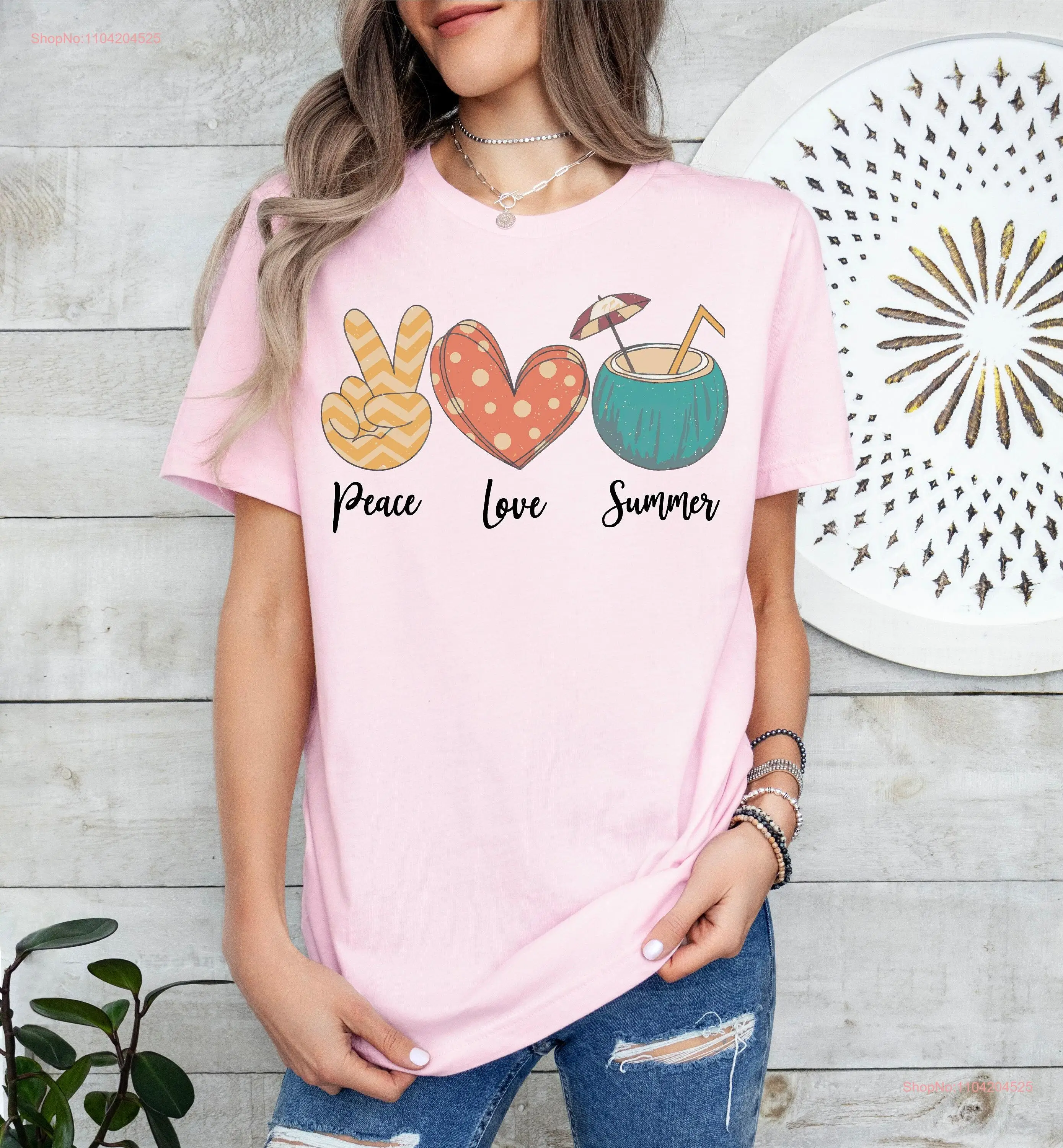 Peace Love Summer T Shirt Women Beach Vibes Vacation Boho Mom Party Birthday long or short sleeves