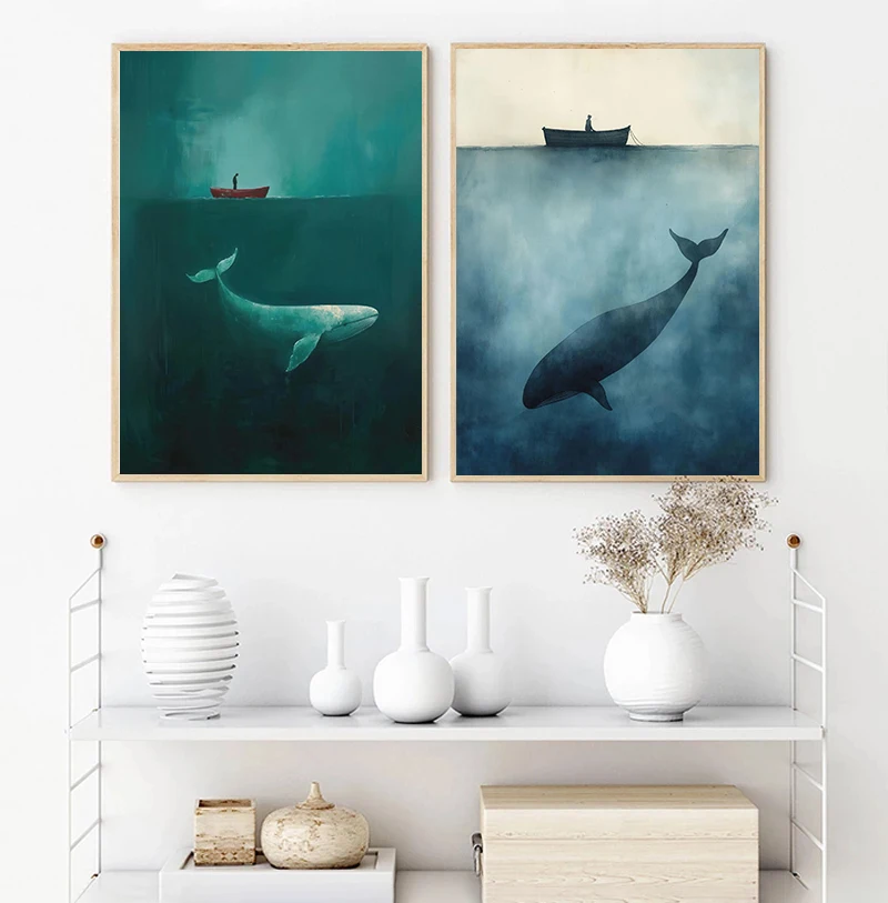 الحوت الأحدب الأخضر الداكن ملصق فني طباعة خمر السفينة العملاق الحوت قماش اللوحة المحيط جدار الفن لغرفة المعيشة ديكور المنزل