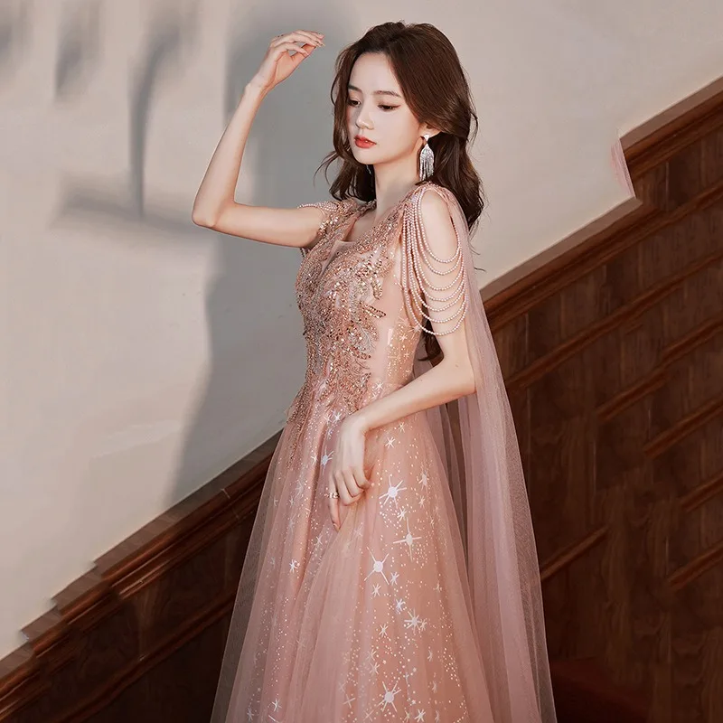 Summer Women's New Super Immortal Beaded Glitter Celebrity Long Style Banquet Evening Dress Fashion Art Exam Host Dress