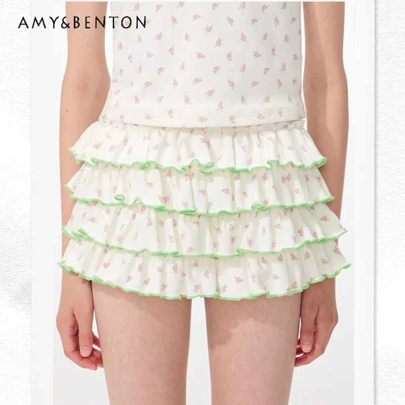 

Korean Floral Elastic Waist Layered Wave Edge Women's Cake Skirt Pants Summer New Sweet Cute Age-Reducing Short Skirts Ladies