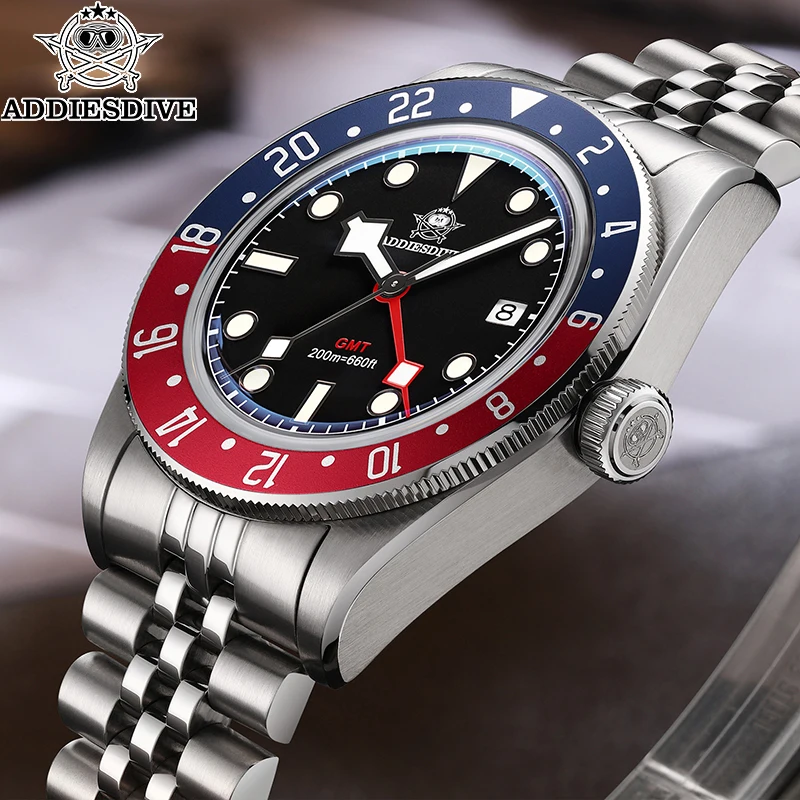 

ADDIESDIVE GMT часы мужские швейцарские Landa 515-24H кварцевые 200 м водонепроницаемые минеральные стекла BGW9 светящийся стальной ремешок часы для дайвинга AD2044