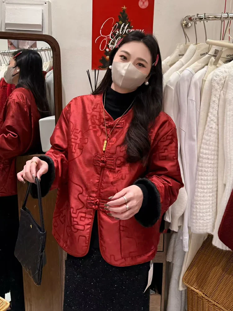 

Красное женское пальто с двойной пуговицей и вышивкой в стиле ретро, новогоднее праздничное двустороннее носимое праздничное китайское пальто