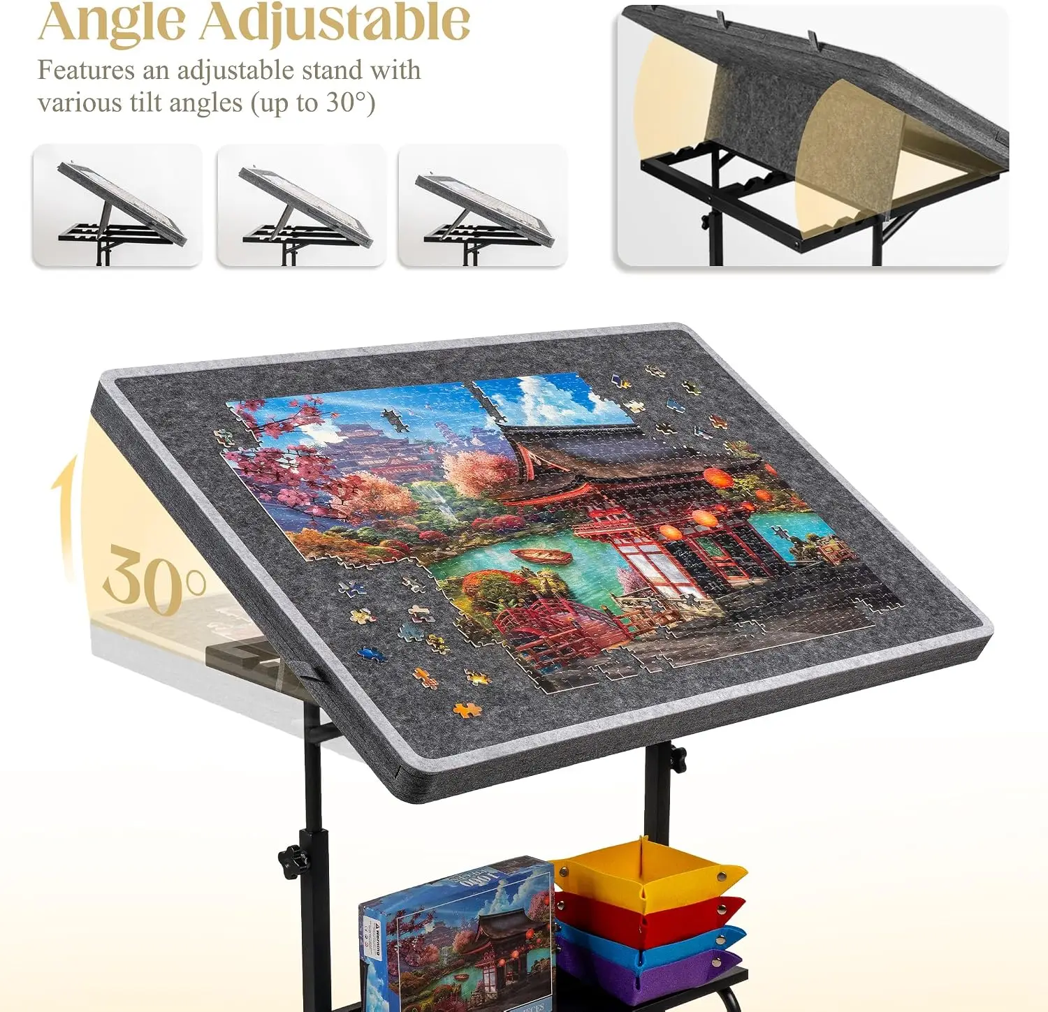 1500 Piece Felt Jigsaw Puzzle Table, Height & Angle Adjustment, 5 Sorting Trays