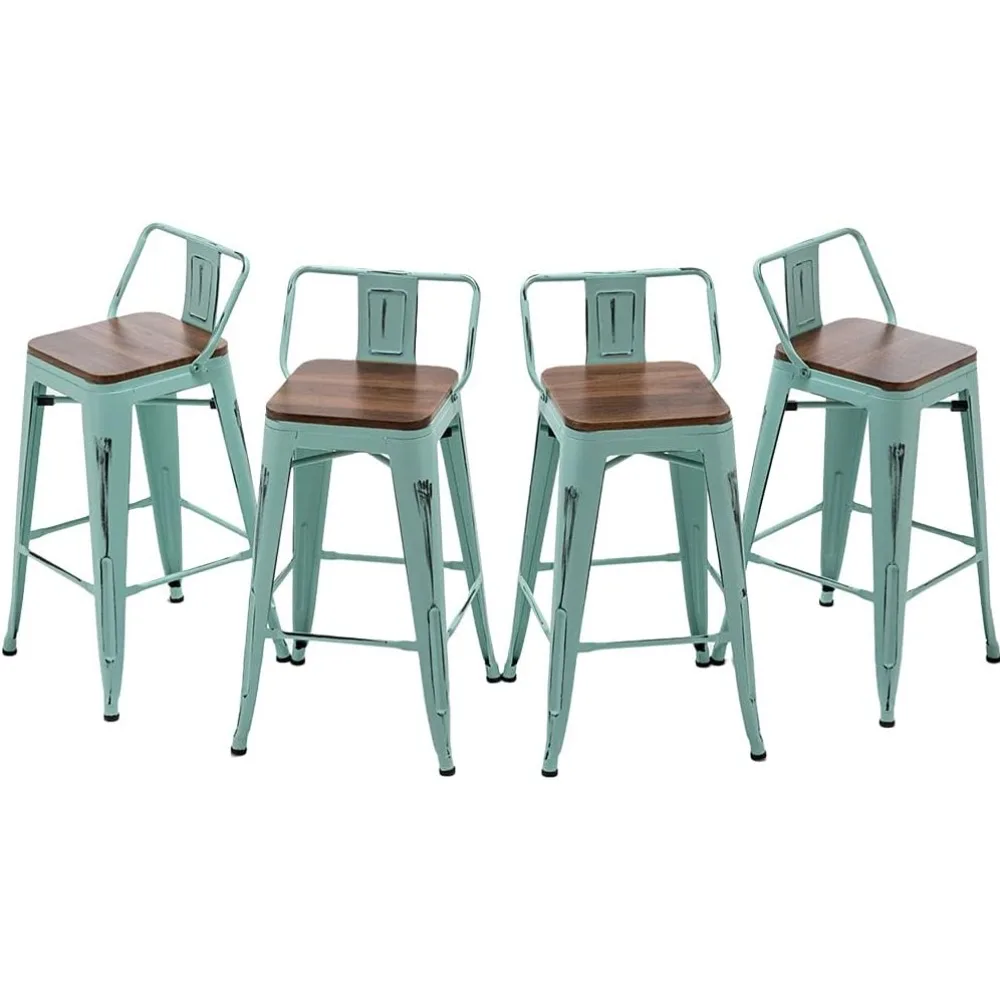 

Bar Stools Set of 4 Counter Height Stools Industrial Metal Barstools with Wooden Seats(24 Inch, Distressed Green Blue)